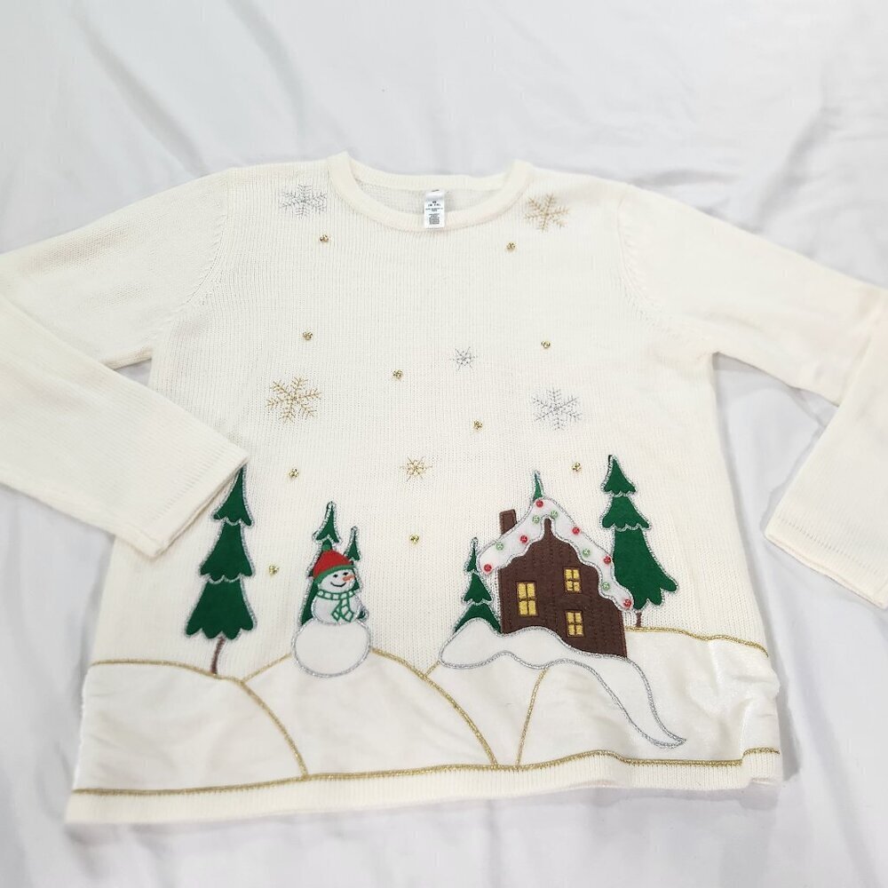 CHRISTMAS Sweater Women's Medium Snowman Winter Scene Snowflakes Lot D